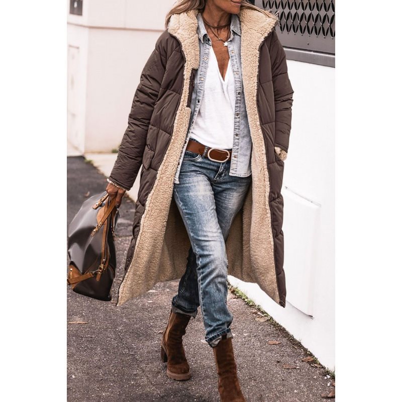 Damen langer Steppmantel mit Teddy-Innenfutter, Kapuze und wärmender Wattierung Shop Nory