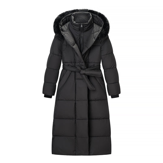 Damen Wattierter Longline-Mantel mit Kapuze und Taillengürtel Shop Nory