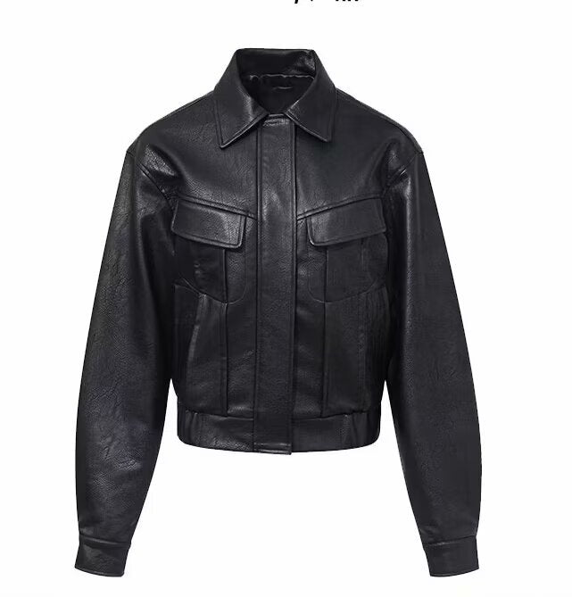 Damen Kurzjacke aus veganer Lederoptik im Cropped-Utility-Worker-Stil mit Pattentaschen Shop Nory