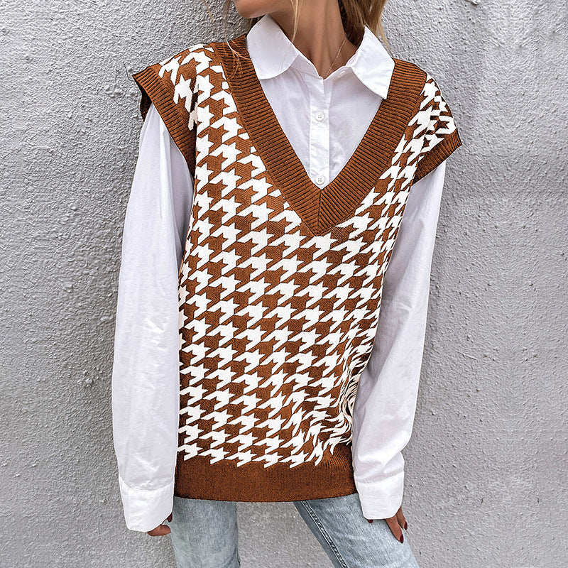 Damen Oversize Strickweste mit Hahnentritt‑Muster und tiefem V‑Ausschnitt Shop Nory