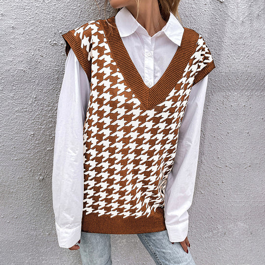 Damen Oversize Strickweste mit Hahnentritt‑Muster und tiefem V‑Ausschnitt Shop Nory