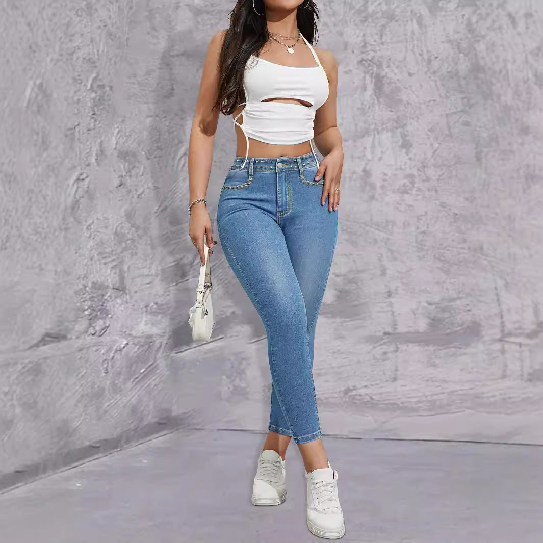 Damen Hochtaillierte Skinny-Jeans mit Strassbesatz und knöchellangem Schnitt Shop Nory