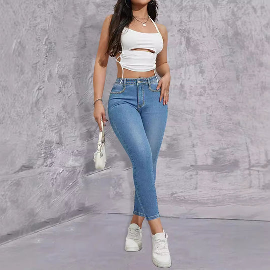 Damen Hochtaillierte Skinny-Jeans mit Strassbesatz und knöchellangem Schnitt Shop Nory