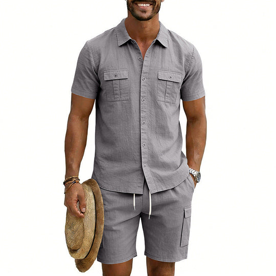 Herren nan sommerliches Freizeitset aus Baumwoll-Leinenmix mit Kurzarm-Hemd und Cargo-Shorts