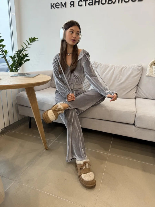 Damen Velours-Cropped-Hoodie und High-Waist Palazzo-Jogginghose Set Shop Nory