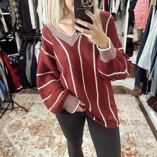 Damen Cropped Strickpullover mit V-Ausschnitt, Waffelstruktur und kontrastierenden Streifen Shop Nory