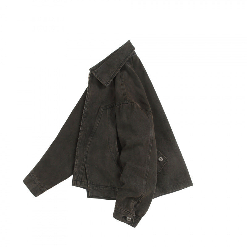 Unisex Boxy-Worker-Blouson aus gewaschenem Canvas mit durchgehendem Reißverschluss, Hemdkragen und asymmetrischen Eingrifftaschen Shop Nory