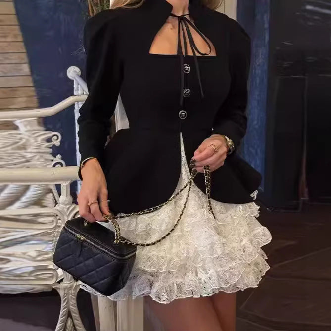 Damen Zweiteiliges Samt‑Schößchenblazer und Stufen‑Spitzenrock Set Shop Nory