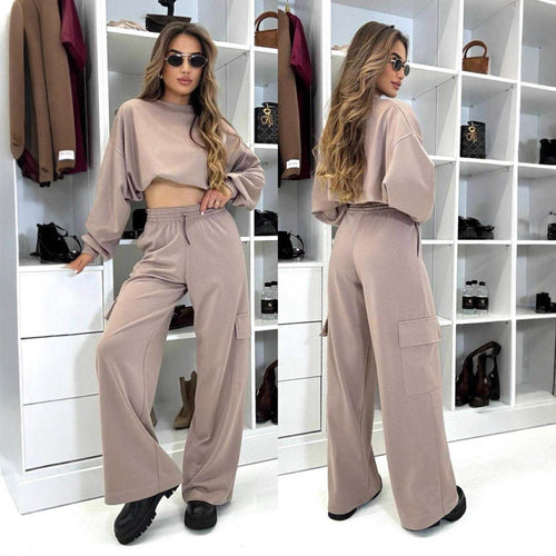 Damen kurzes Oversize-Sweatshirt mit weitem Cargo-Hose Lounge-Set Shop Nory