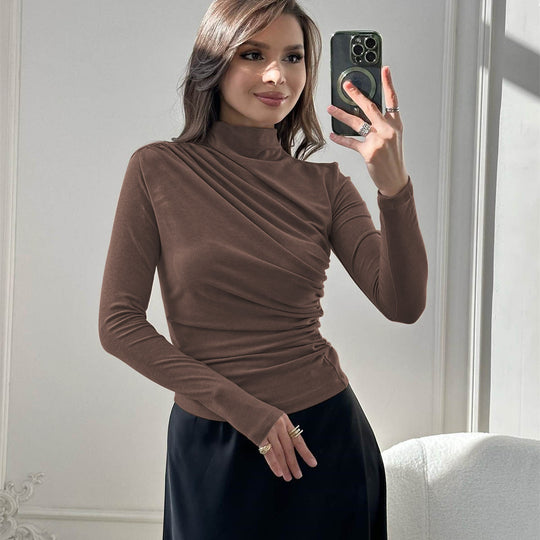 Damen Fitted Langarmshirt mit Stehkragen und seitlicher Raffung Shop Nory