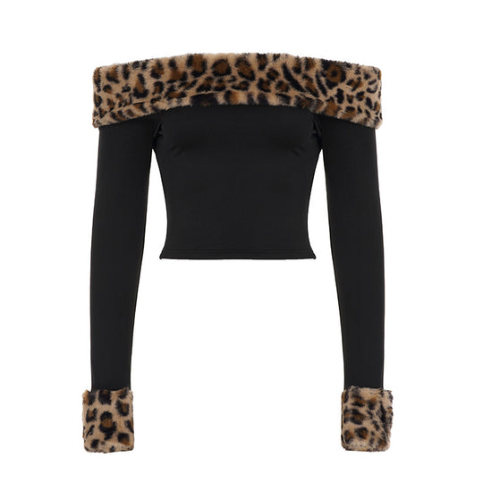 Damen nan schulterfreies Crop-Top mit kunstfellkragen und Manschetten im Leopardenmuster Shop Nory