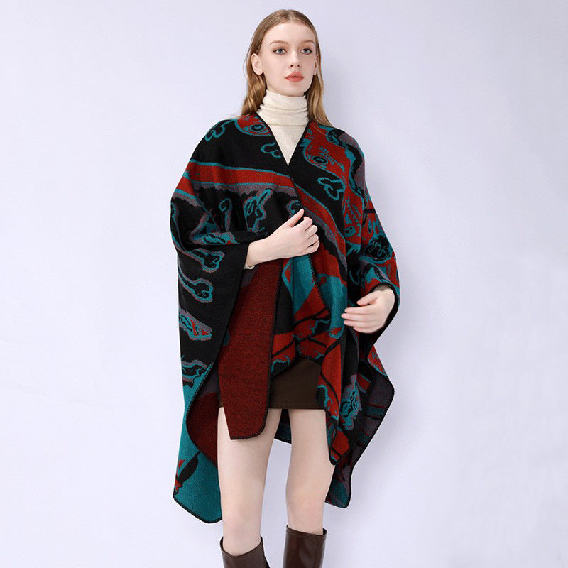 Damen Jacquard-Überwurfponcho mit musikalischem Ornament und Rollkante Shop Nory