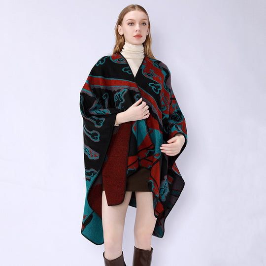 Damen Jacquard-Überwurfponcho mit musikalischem Ornament und Rollkante Shop Nory