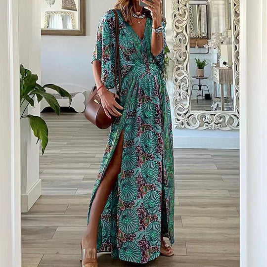 Damen Maxikleid im Boho-Stil mit Wickeleffekt, V-Ausschnitt und hohem Beinschlitz Shop Nory
