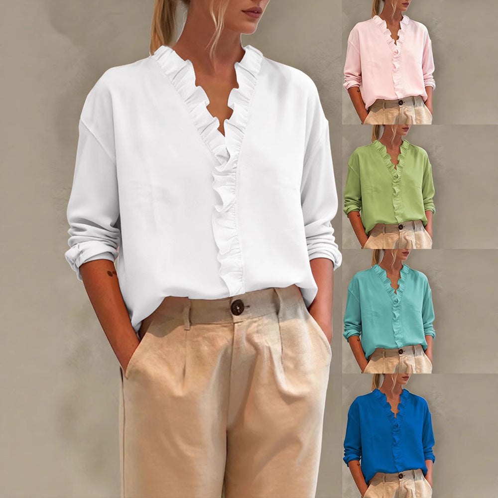 Damen Elegante V-Ausschnitt Bluse mit Volantbesatz und lockerem Oversize-Schnitt Shop Nory