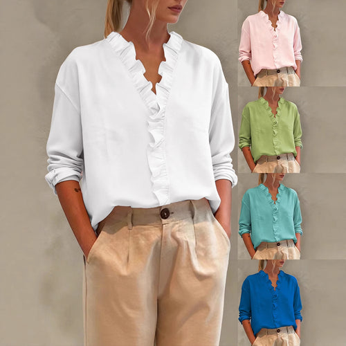 Damen Elegante V-Ausschnitt Bluse mit Volantbesatz und lockerem Oversize-Schnitt Shop Nory