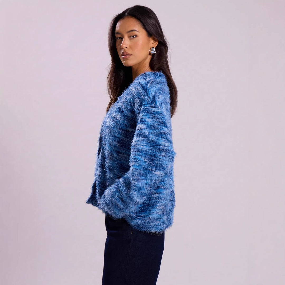 Damen Oversize-Flauschpullover mit weitem Carmen‑Ausschnitt und melierter Strickstruktur Shop Nory