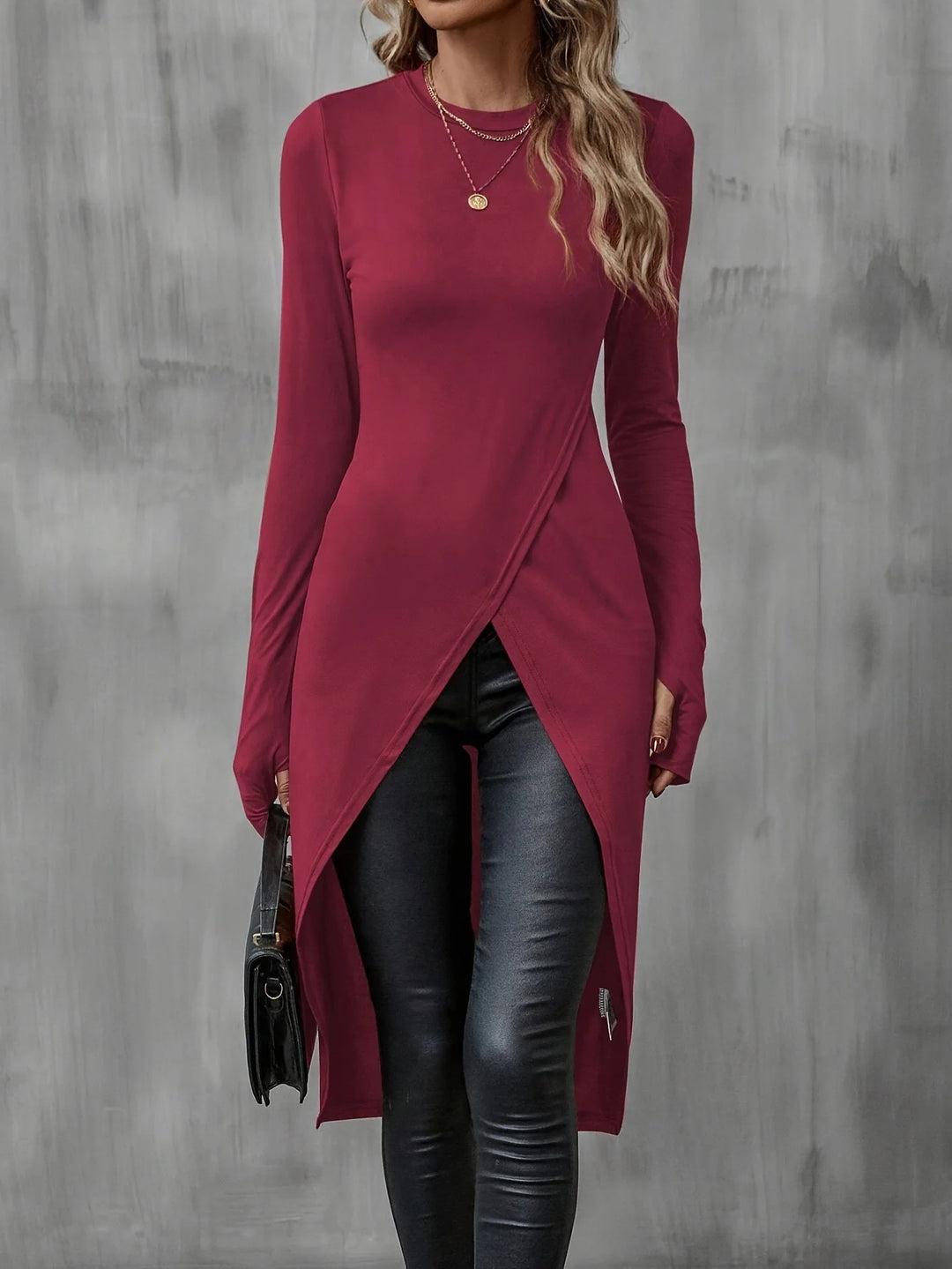 Damen Langes asymmetrisches Wickel-Tunika-Top mit Frontschlitz Shop Nory