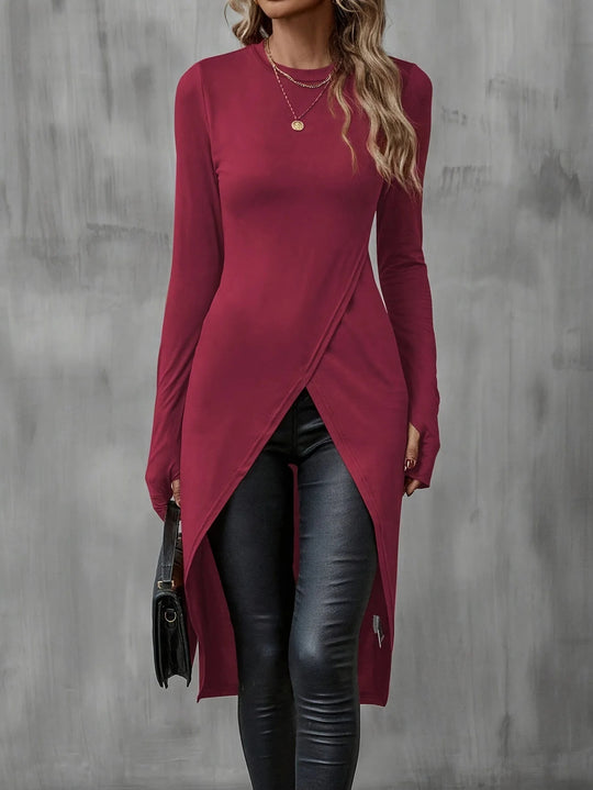 Damen Langes asymmetrisches Wickel-Tunika-Top mit Frontschlitz Shop Nory