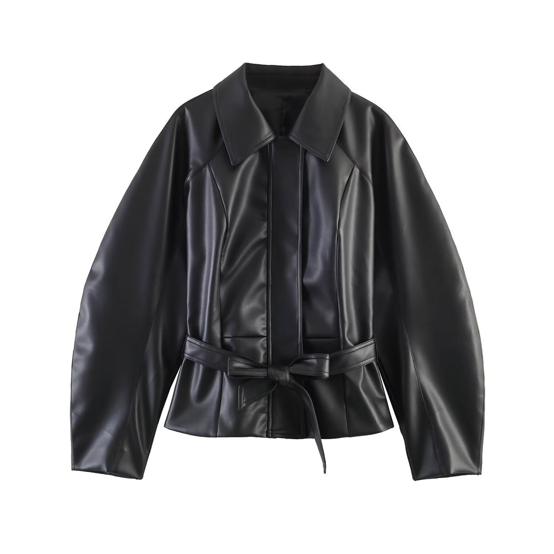 Damen Taillierte Veganleder‑Wickeljacke mit Tunnelzuggürtel und Oversize‑Ärmeln Shop Nory