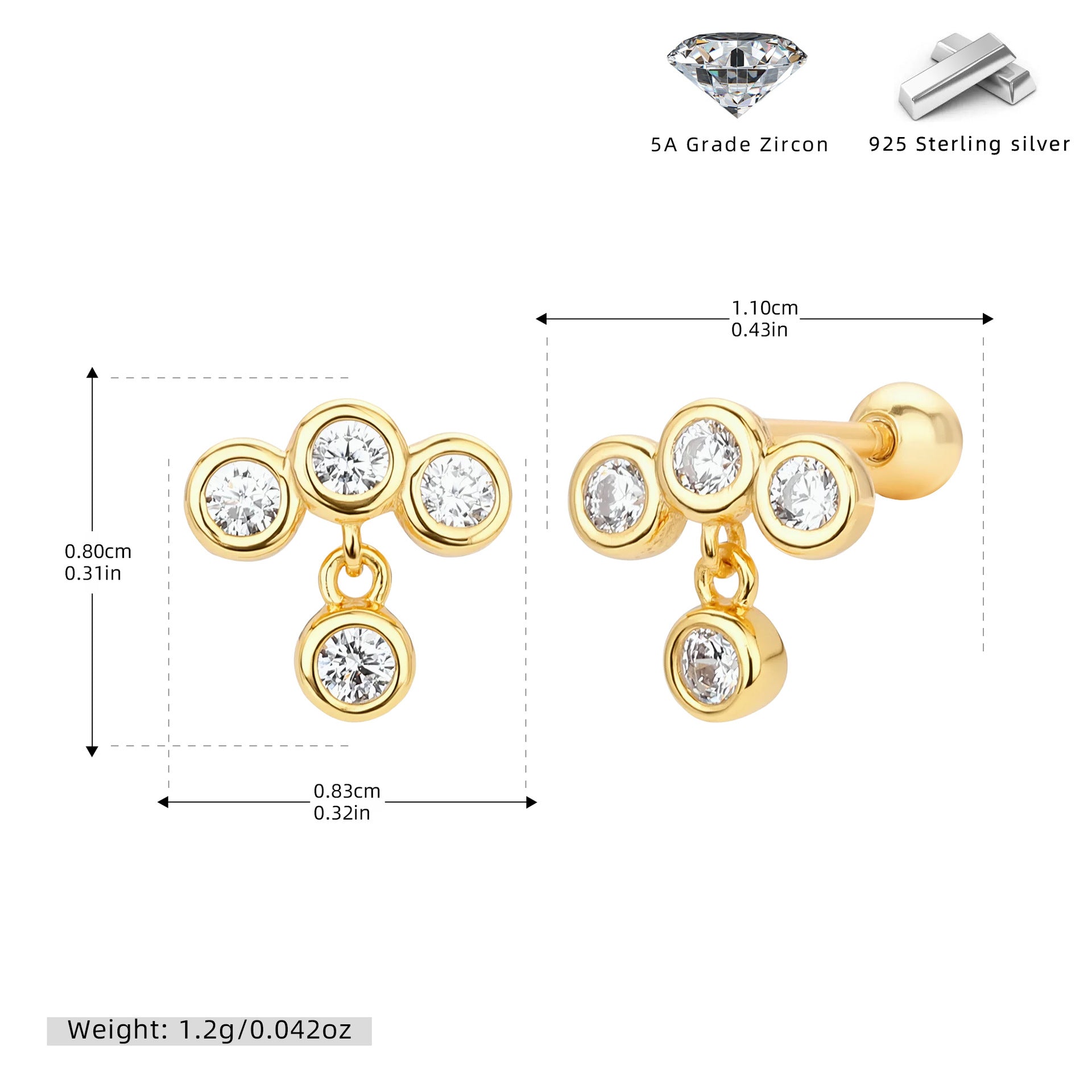 Damen Ohrstecker mit schwebendem Zircon-Dreifach-Design Shop Nory