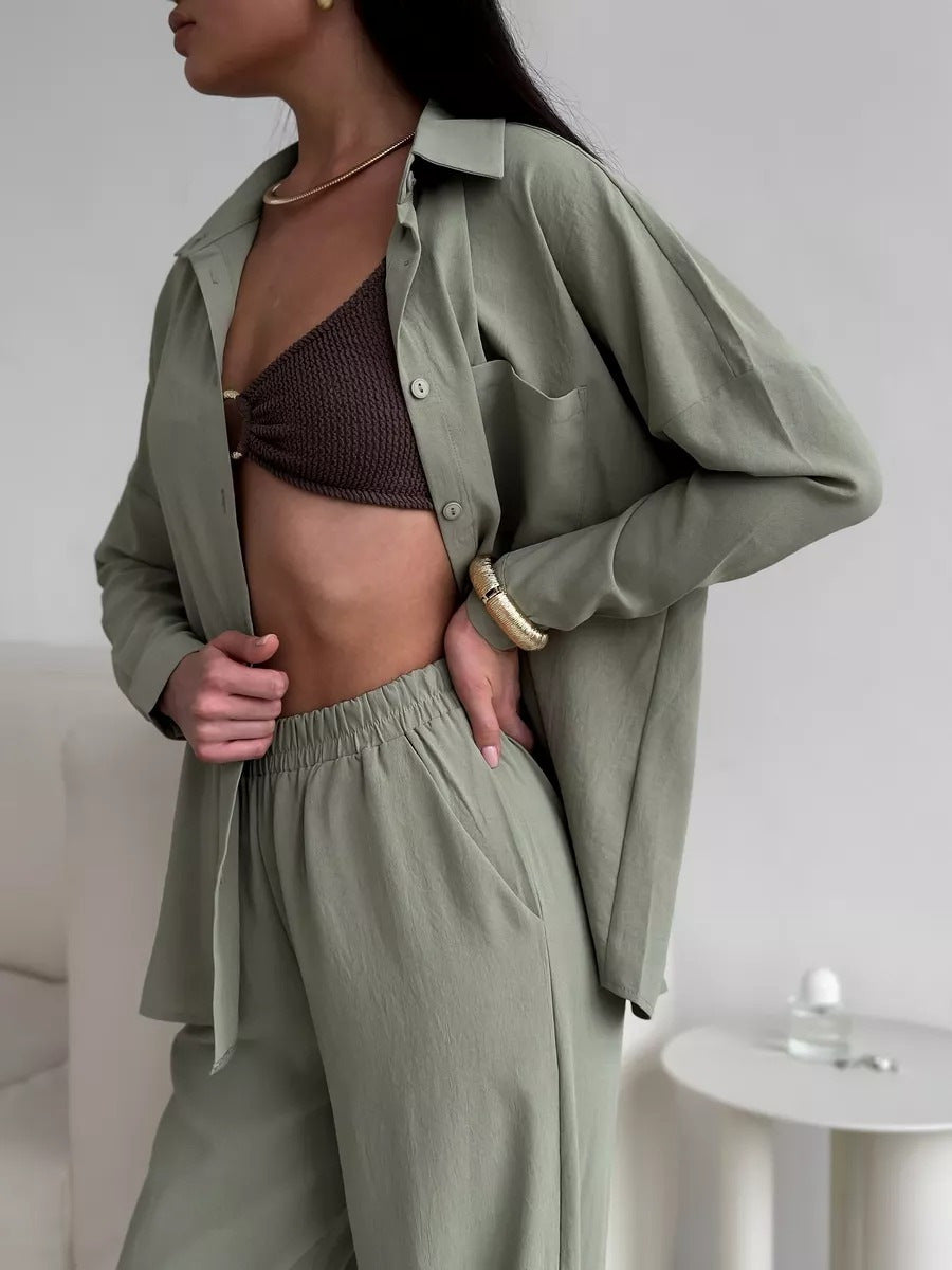 Damen Zweiteiliges Lounge-Set Oversize-Bluse mit Brusttasche und weiter Palazzo-Hose Shop Nory