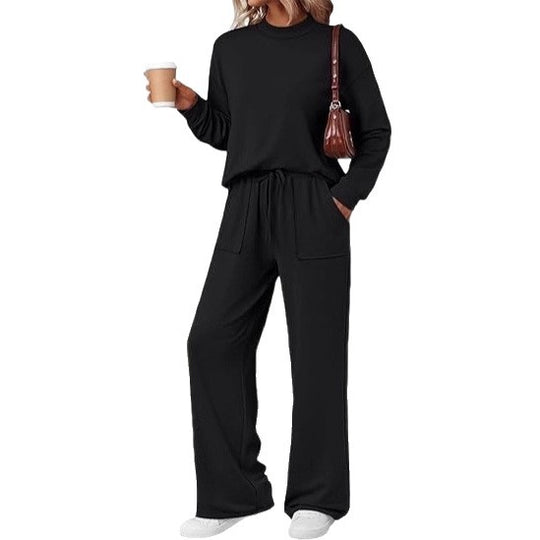 Damen Loungewear-Zweiteiler aus weichem Jersey mit Rundhalsausschnitt und weitem Kordelzug-Hose Shop Nory