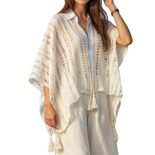 Damen luftiger Strickponcho mit Fransen
