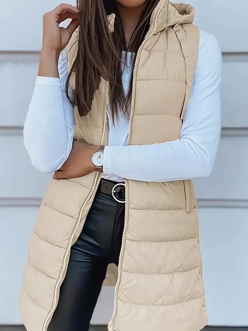 Damen Stylische gesteppte Weste mit Kapuze und langen Schnitt