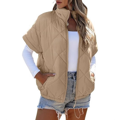 Damen Kurzärmelige gesteppte Weste mit Stehkragen, Reißverschluss und Eingrifftaschen Shop Nory