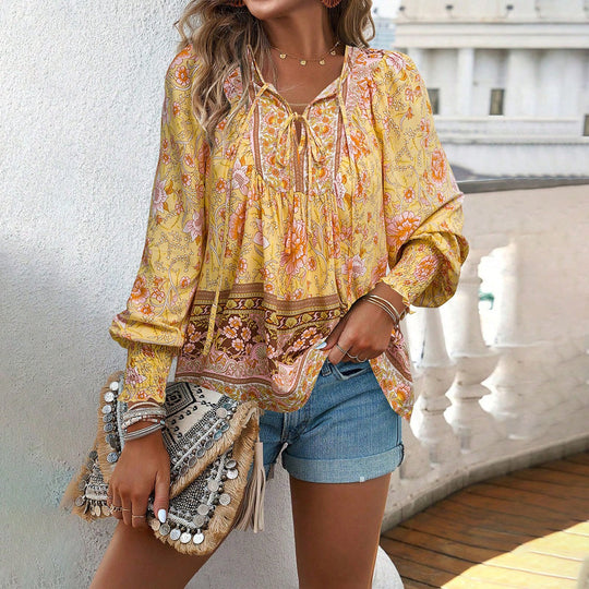 Damen nan lockere Boho-Tunika mit V-Ausschnitt Bindeband gerafften Ärmeln und floralem Muster Shop Nory