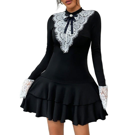 Damen Figurbetontes Longsleeve-Minikleid mit Spitzen-Dekolleté, Volantstufen & Schmuckschleife Shop Nory