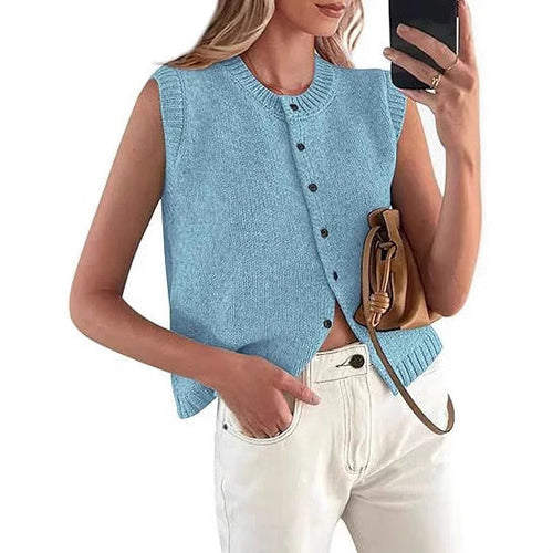 Damen lässige Strickweste mit Knopfleiste und Rundhalsausschnitt