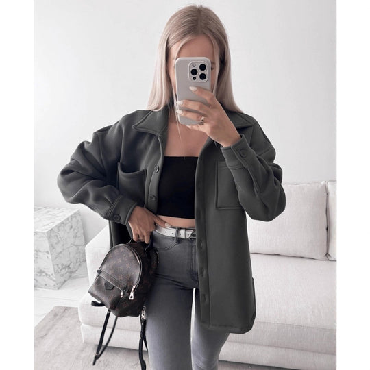 Damen Oversized Hemdjacke Shacket aus weichem Wollmix mit aufgesetzten Brusttaschen Shop Nory