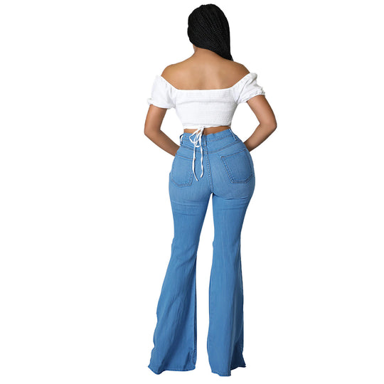 Damen Hochtaillierte Schlaghose aus Stretch‑Denim mit Knieausrissen und formendem Bund Shop Nory