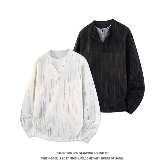 Herren Oversize Strickpullover mit Henley-Ausschnitt und feiner Strukturstreifen Shop Nory