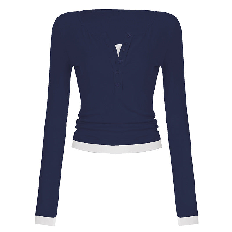 Damen nan tailliertes Henley-Crop-Longsleeve mit kontrastierenden Saum- und Ärmelbündchen Shop Nory