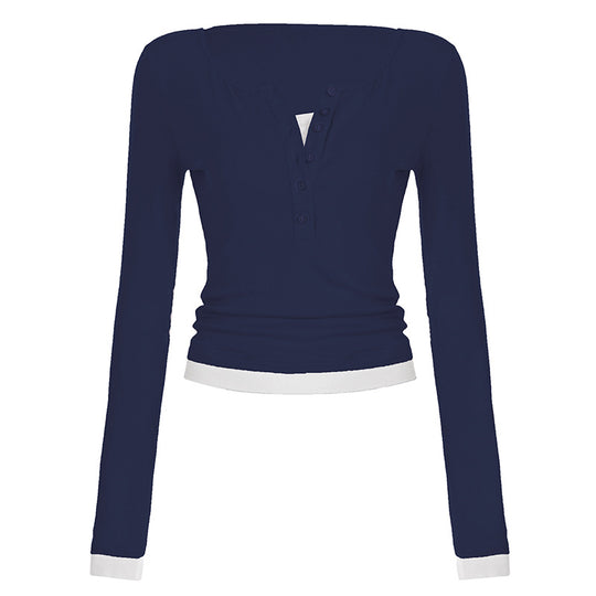 Damen nan tailliertes Henley-Crop-Longsleeve mit kontrastierenden Saum- und Ärmelbündchen Shop Nory