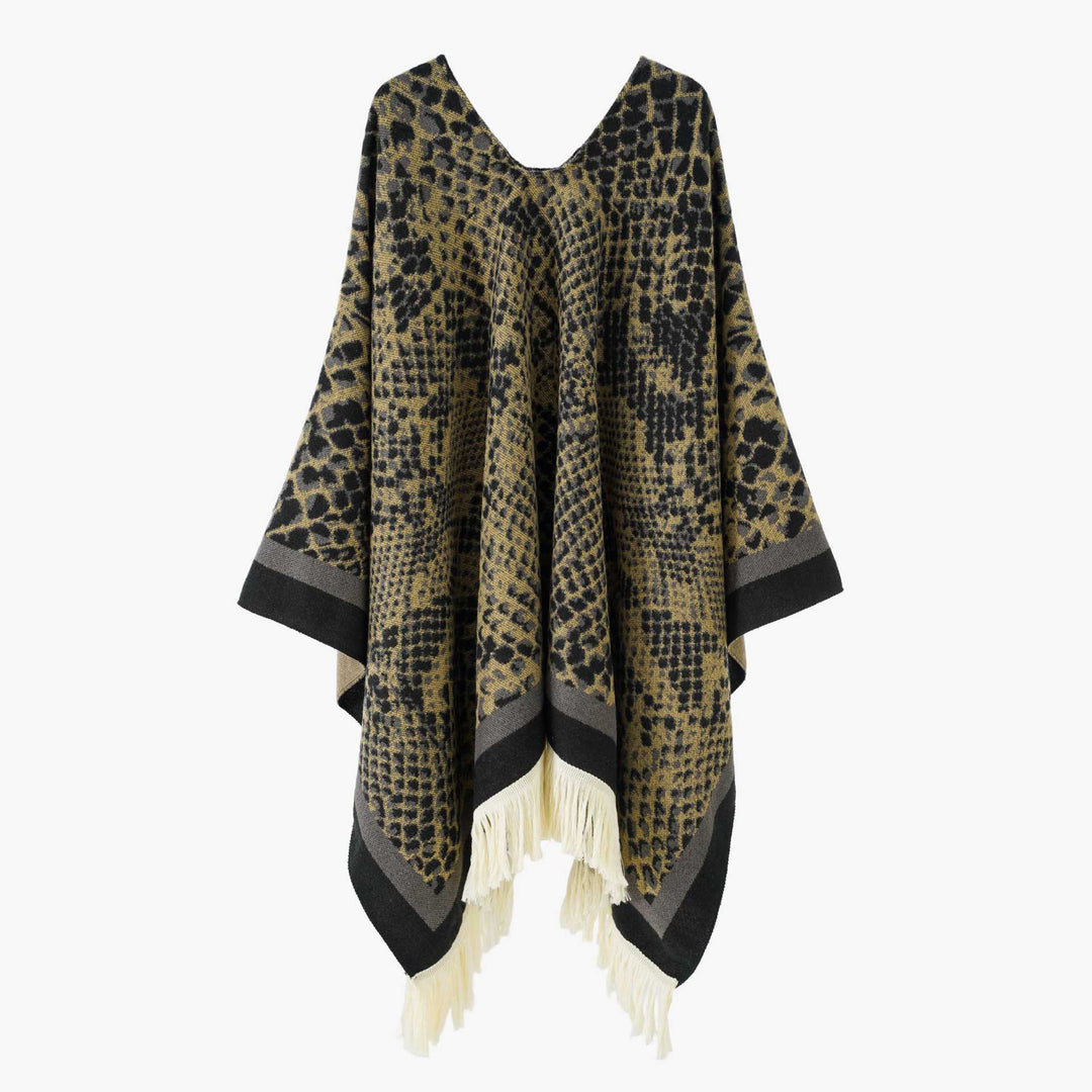 Damen Jacquard-Poncho mit V-Ausschnitt, Animalprint und Fransensaum Shop Nory