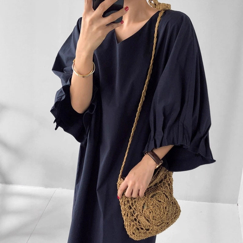 Damen Oversized V-Ausschnitt Baumwollkleid mit Volantärmeln Shop Nory