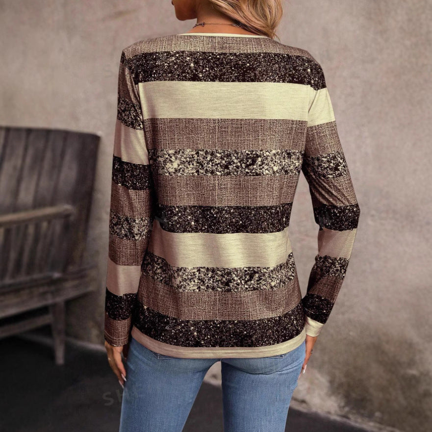 Damen Langarmshirt mit V-Ausschnitt, strukturierter Streifenoptik und Zierknopfleiste Shop Nory