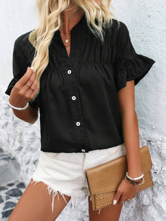 Damen Bluse mit Rüschenärmeln, Smok-Yoke und Stehkragen Shop Nory