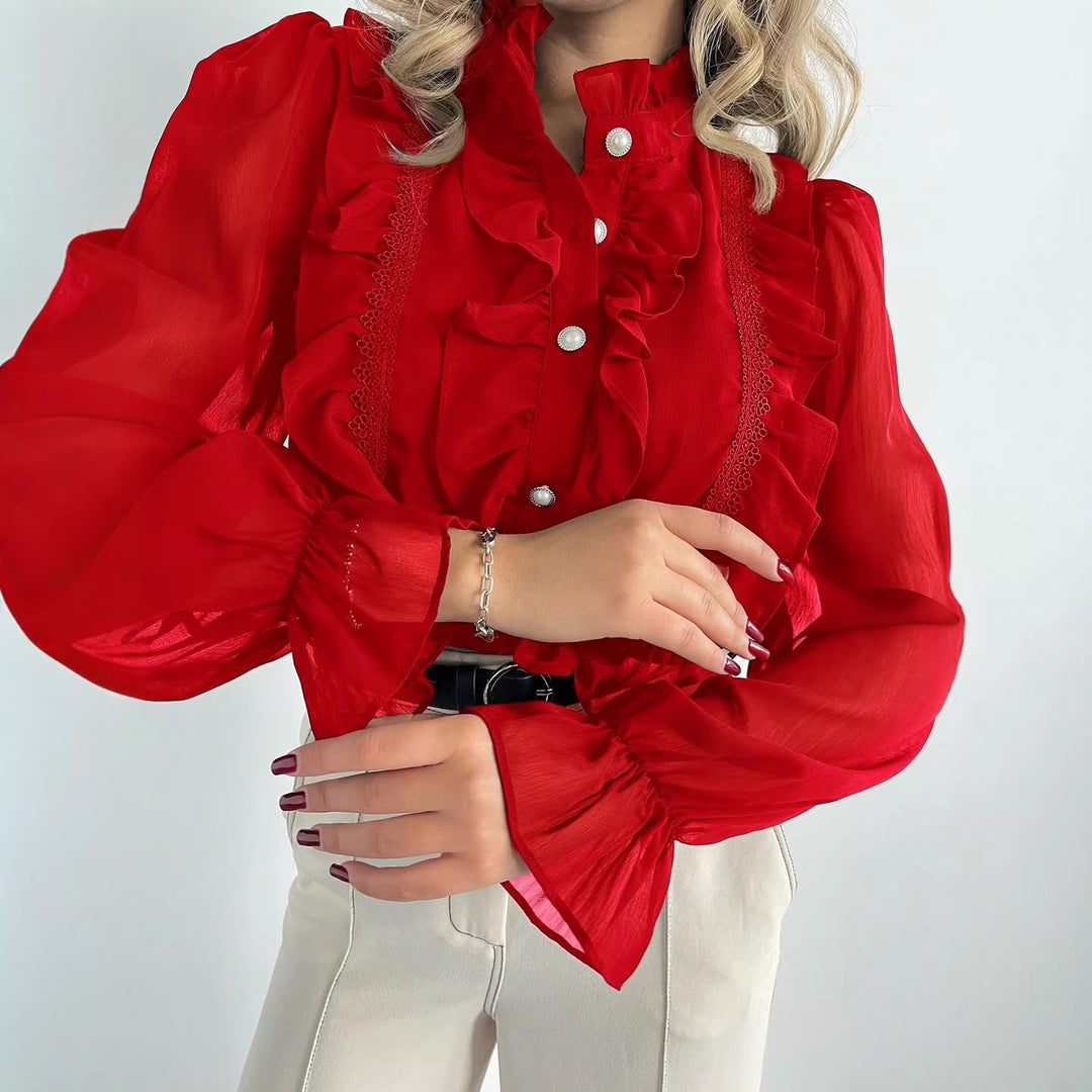 Damen Rüschenbluse aus Chiffon mit Stehkragen und Perlenknöpfen Shop Nory