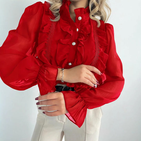 Damen Rüschenbluse aus Chiffon mit Stehkragen und Perlenknöpfen Shop Nory