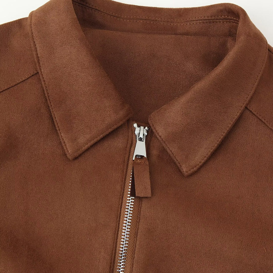 Damen Kurzgeschnittene Veloursoptik-Jacke mit zentralem Reißverschluss und Hemdkragen Shop Nory