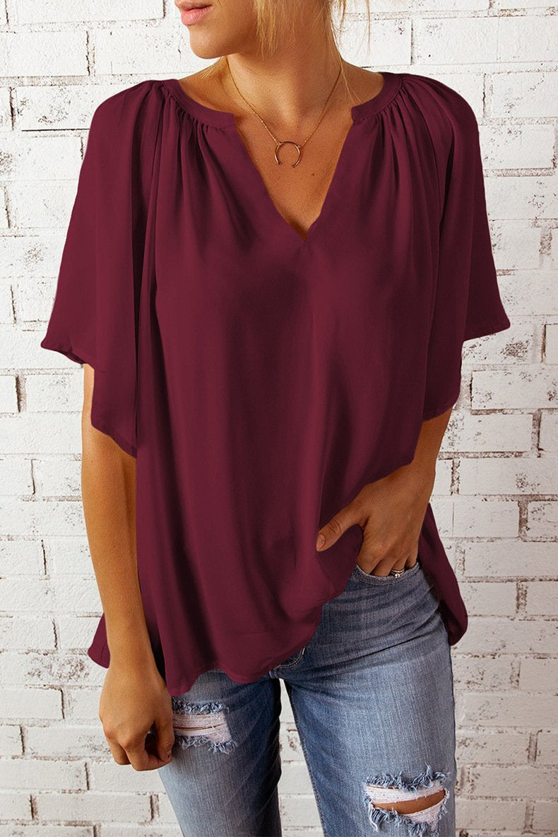 Damen lockeres Blusenshirt mit V-Ausschnitt und luftigen Ärmeln