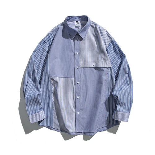 Unisex Oversize-Überhemd mit kontrastierenden Streifenpaneelen und Brustklappentasche Shop Nory