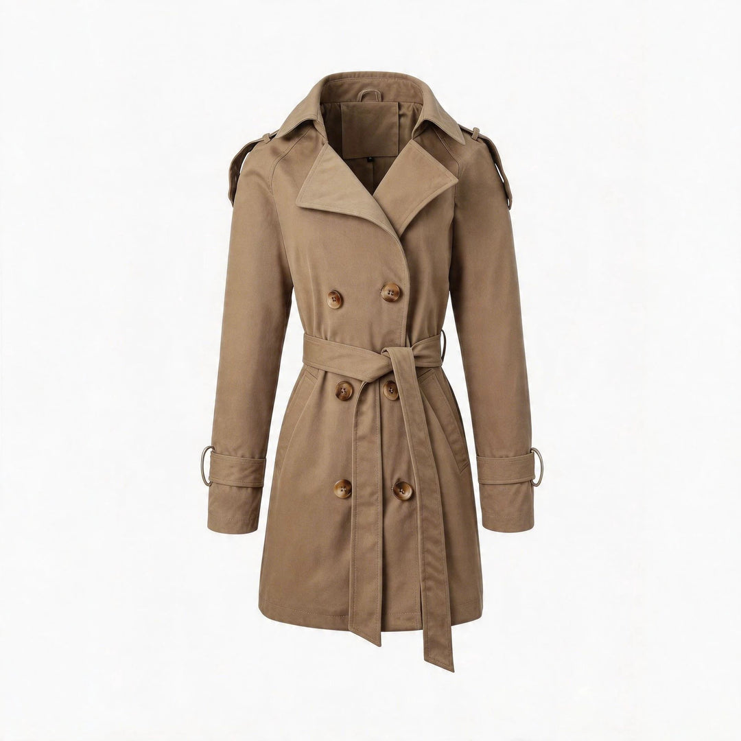 Damen Taillierter Trenchcoat mit Bindegürtel, Schulterriegeln und Metallring-Details Shop Nory