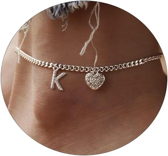 Damen Fußkettchen mit personalisiertem Buchstaben und funkelndem Herzanhänger Shop Nory