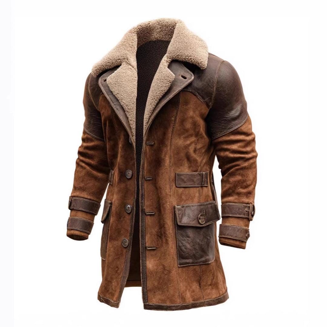 Herren Langer Shearling-Mantel aus Wildleder mit Lederbesatz Shop Nory
